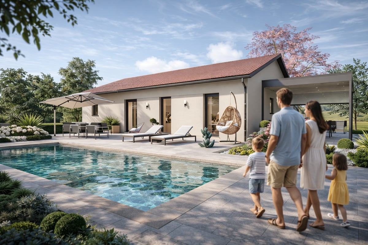 Maison individuelle contemporaine en pierre et bois intégrée à un paysage de village