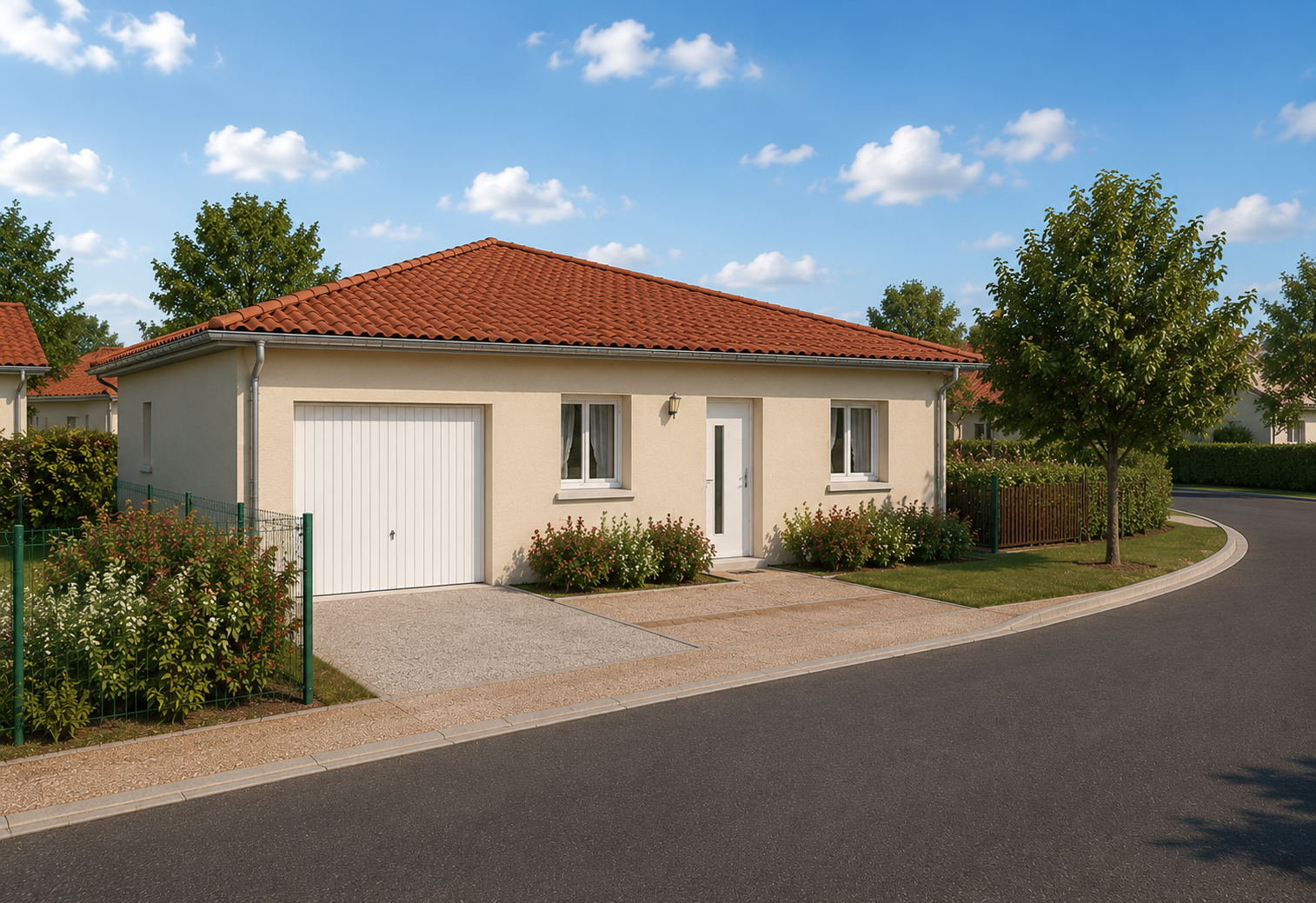 Maison de plain-pied du lotissement Le Clos des Charmes à Avermes, façade enduit clair et toiture tuiles terre cuite