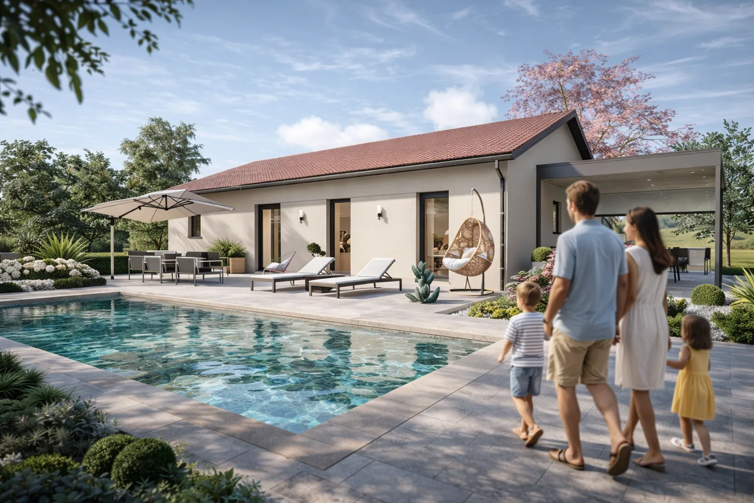 Maison individuelle contemporaine en pierre et bois intégrée à un paysage de village
