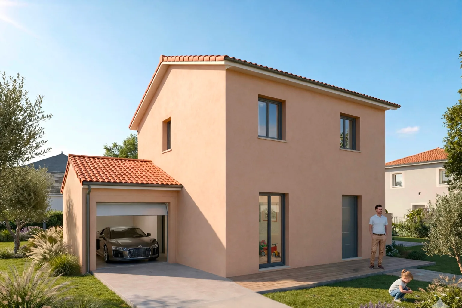 Maison individuelle contemporaine en pierre et bois intégrée à un paysage de village